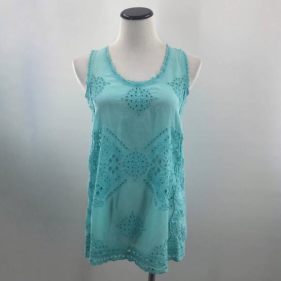 Johnny Was Blue Embroidered Eyelet Spear Tank Top - Picture 4 of 11